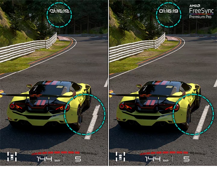The benefit of AMD FreeSync Premium Pro is explained with the tearing picture on the screen when the feature is off.