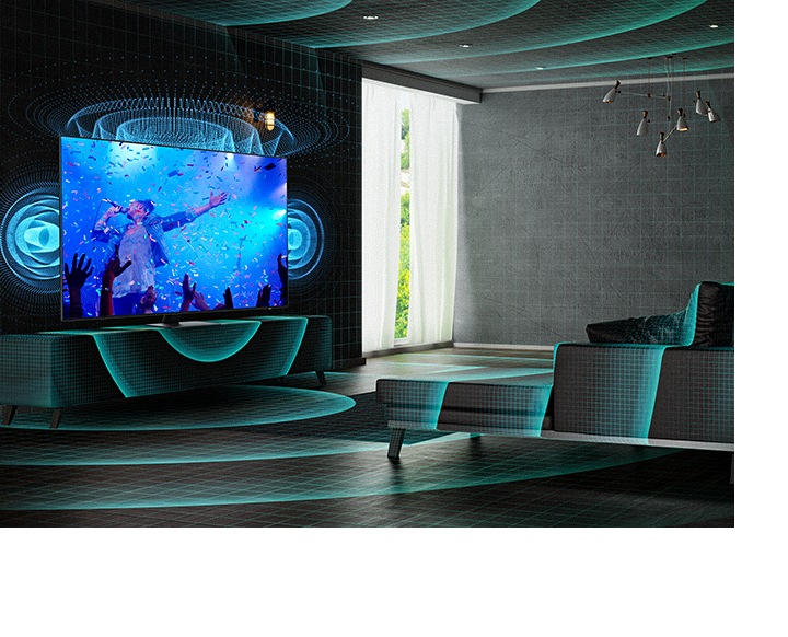 A QLED TV analyzes the entire space of the room and sends the optimized sound for the space.