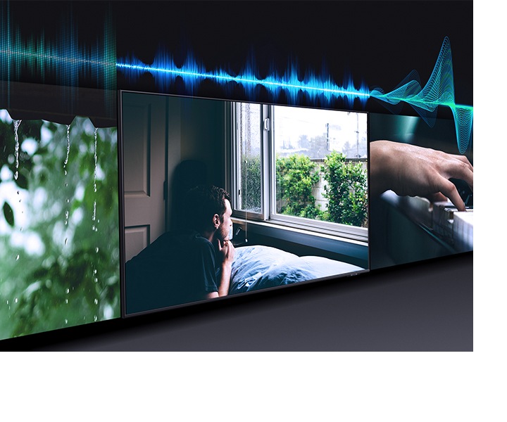Simulated sound wave graphics show audio scenic intelligence technology optimizing TV sound from music to cinema scene.