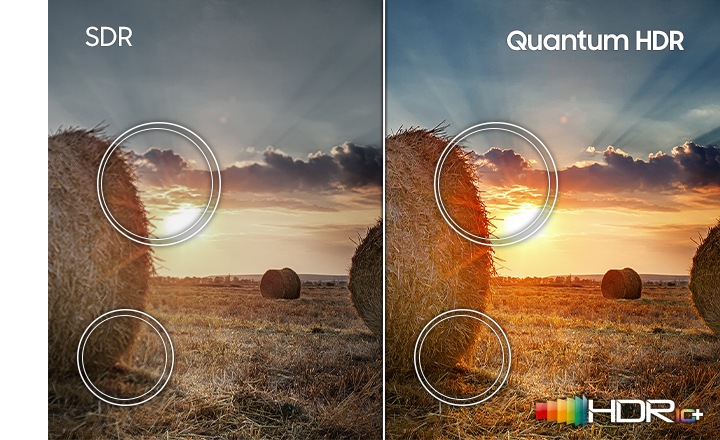 Compared to SDR technology, the sunset prairie image on the right which has HDR10+ logo shows a wider range of contrast created by Quantum HDR technology.