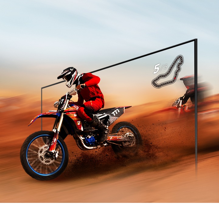 A dirt bike racer looks clear and visible inside the UHD TV screen because of UHD TV motion xcelerator technology.