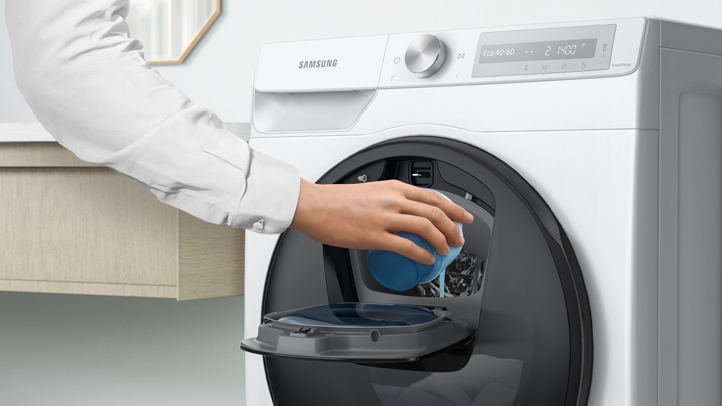Extra detergent is added into the open Add Wash door by hand.