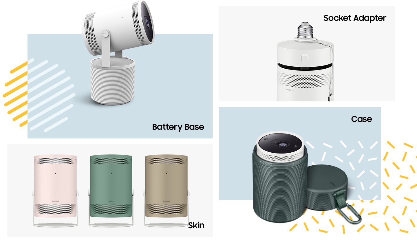 First, The Freestyle is shown with its portable battery. Second, The Freestyle Socket Adaper is displayed. Third, 3 different types of The Freestyle Skins are shown. Pink, Green and Coyote-colored skins from left to right. Fourth, The Freestyle Case is displayed with its cap off.