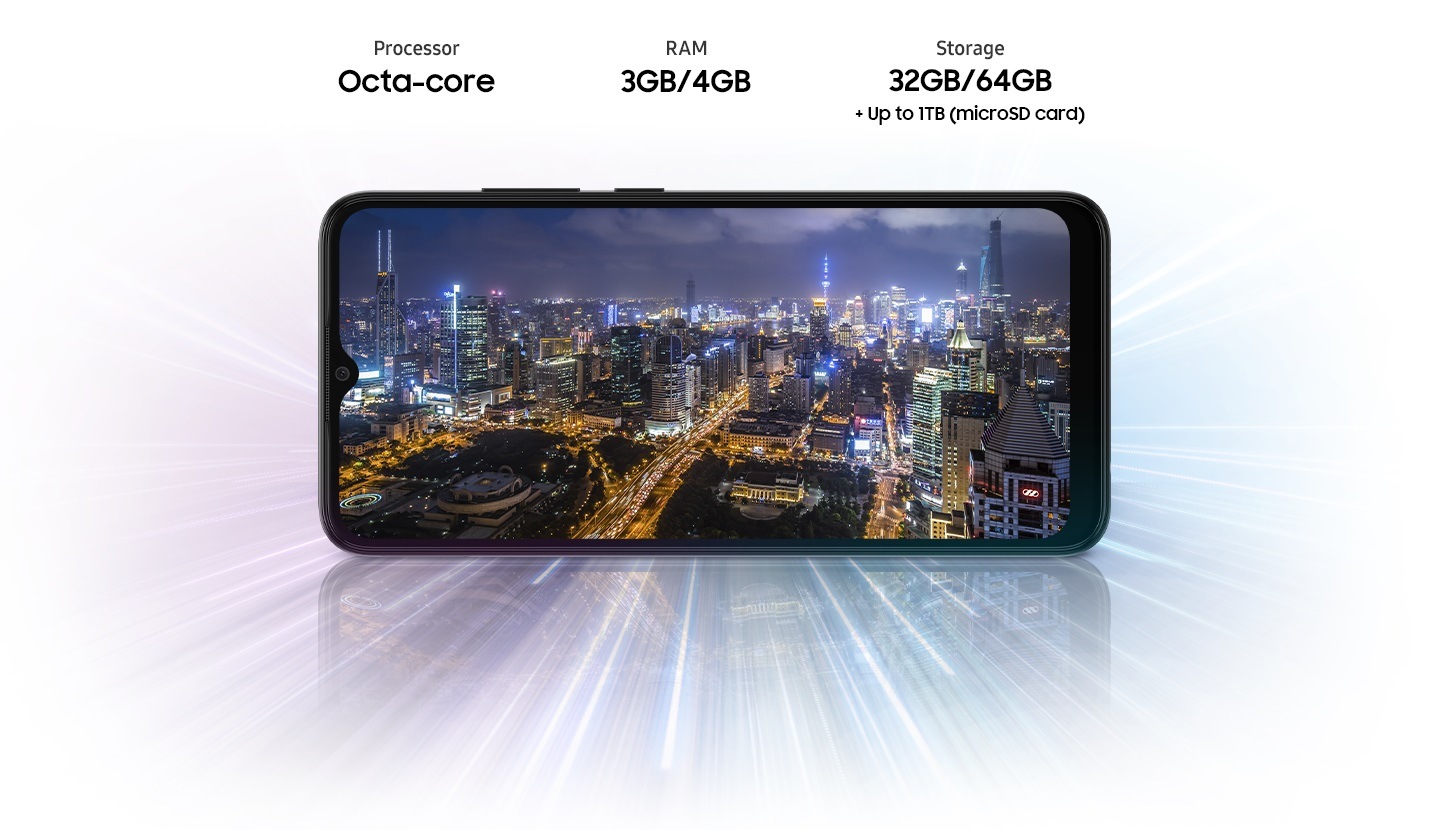 Galaxy A03 shows night city view, indicating device offers Octa-core processor, 3GB/4GB RAM, 32GB/64GB/128GB with up to 1TB-storage.