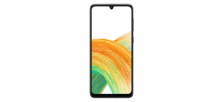 Galaxy A33 5G in Awesome Black seen from the front with a colorful wallpaper onscreen. It spins slowly, showing the display, then the smooth rounded side of the phone with the SIM tray, then the matte finish and the minimal camera housing on the rear and comes to a stop at the front view again.