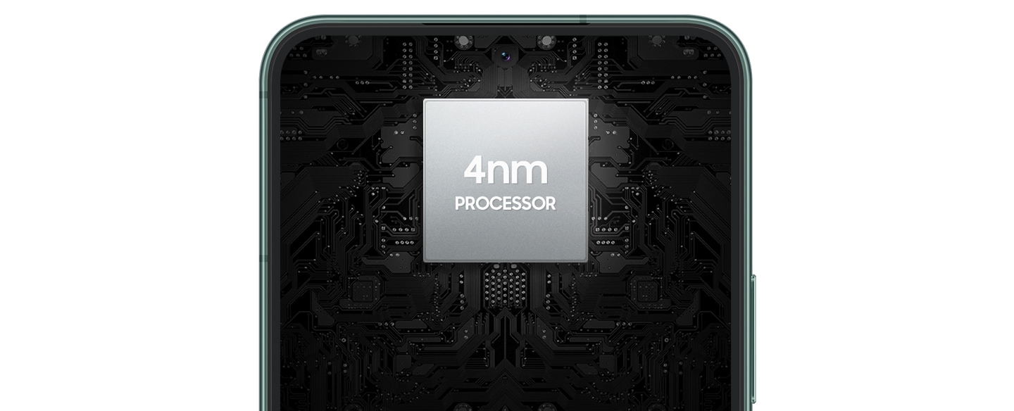 Galaxy S22-shaped dark rectangle with a silver square in the center representing the 4nm processor inside the phone.