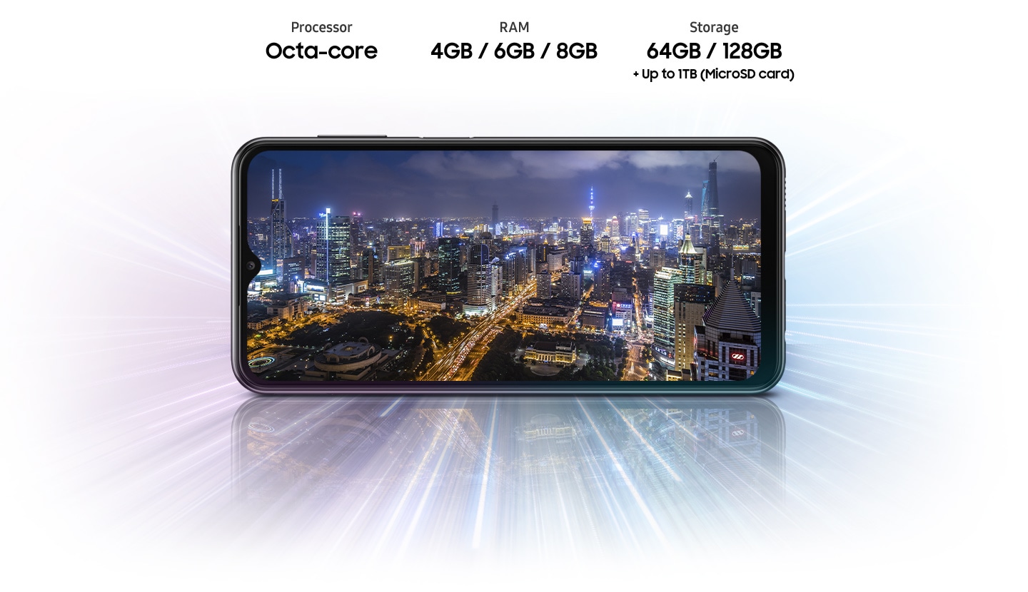 Galaxy A23 shows night city view, indicating device offers Octa-core processor, 4GB/6GB/8GB RAM, 64GB/128GB with up to 1TB-storage.