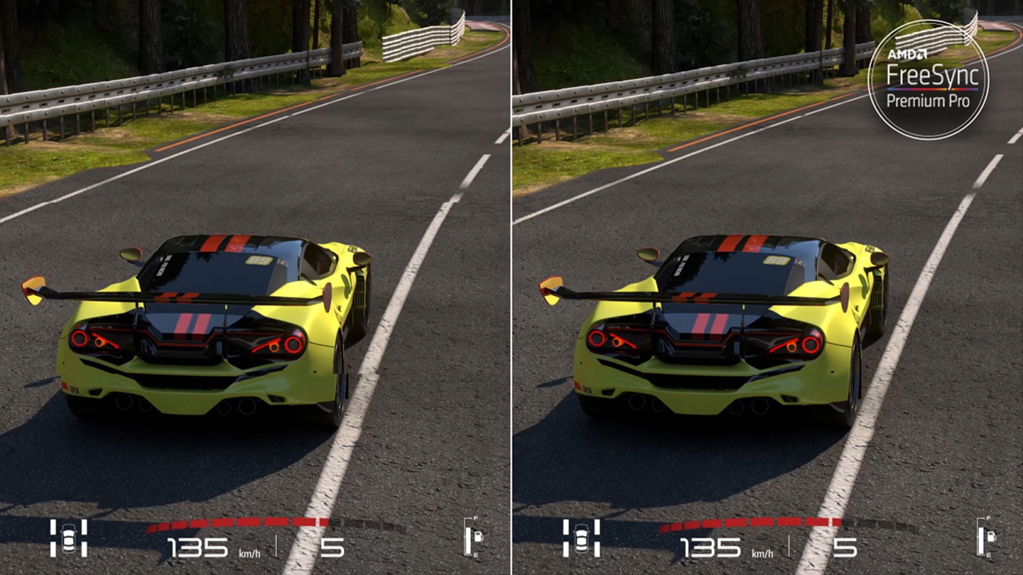 During in-game gameplay of race car game, a zoom-in call out graphic magnifies the corner of the race car, and the words 'Screen Tearing' appear. There is a comparison between before AMD FreeSync Premium Pro is applied and after on a split screen.