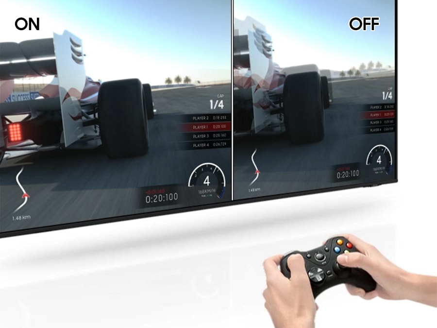 2 in-game video clips are shown. In the video on the right, Auto Low Latency Mode is off so the race car motion lags. In the left video, Auto Low Latency Mode is on, so it is smoother, allowing the gamer to play more easily.