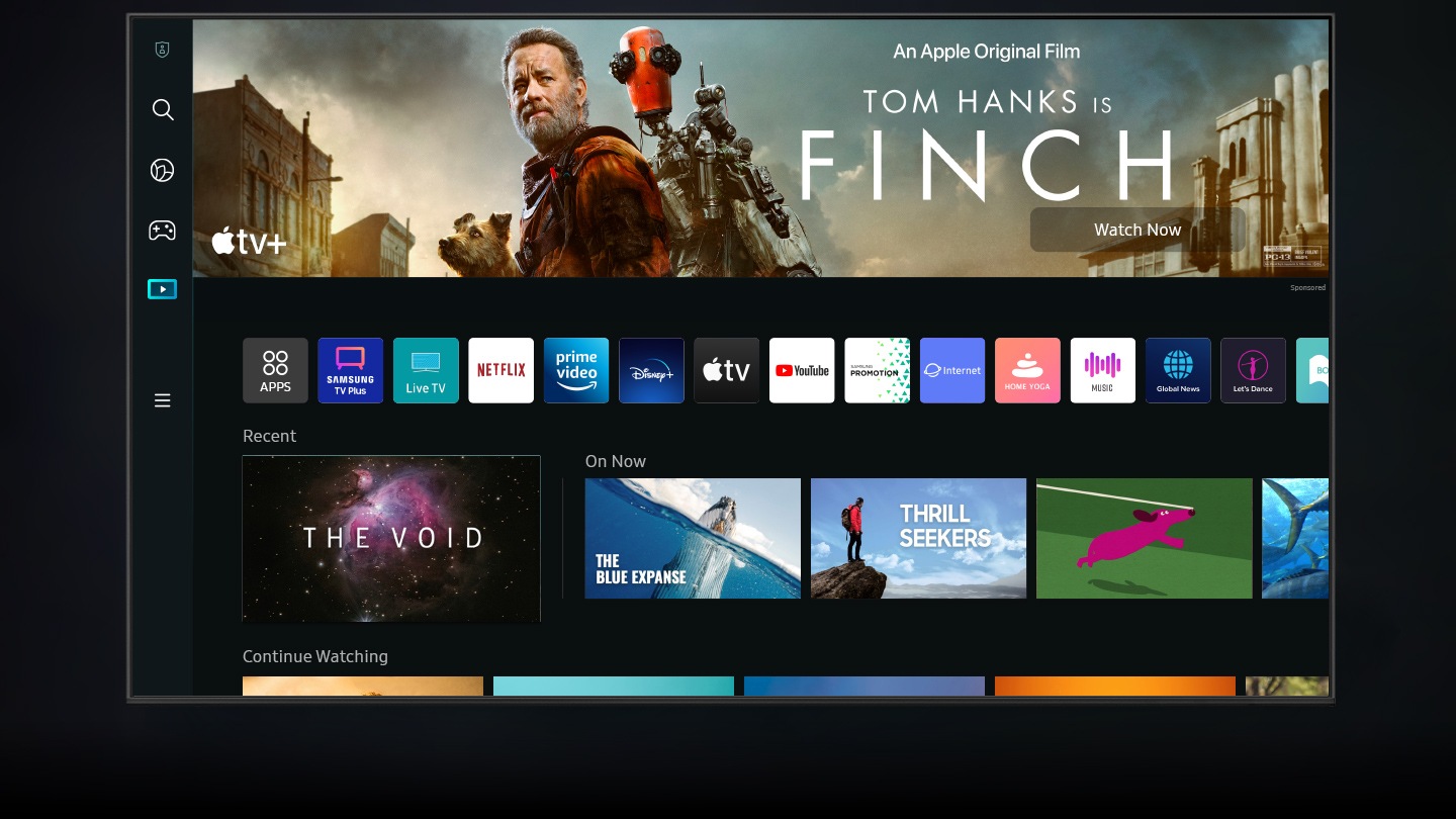 The new Smart Hub UI is displayed to show a wide variety of OTT services and contents being serviced.