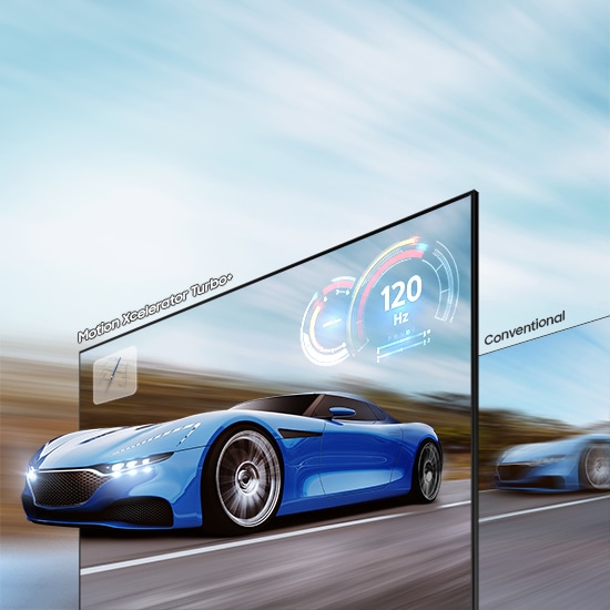 A racing car on the TV screen looks clearer and more visible on the QLED TV than on conventional TV due to motion xcelerator turbo+ technology.