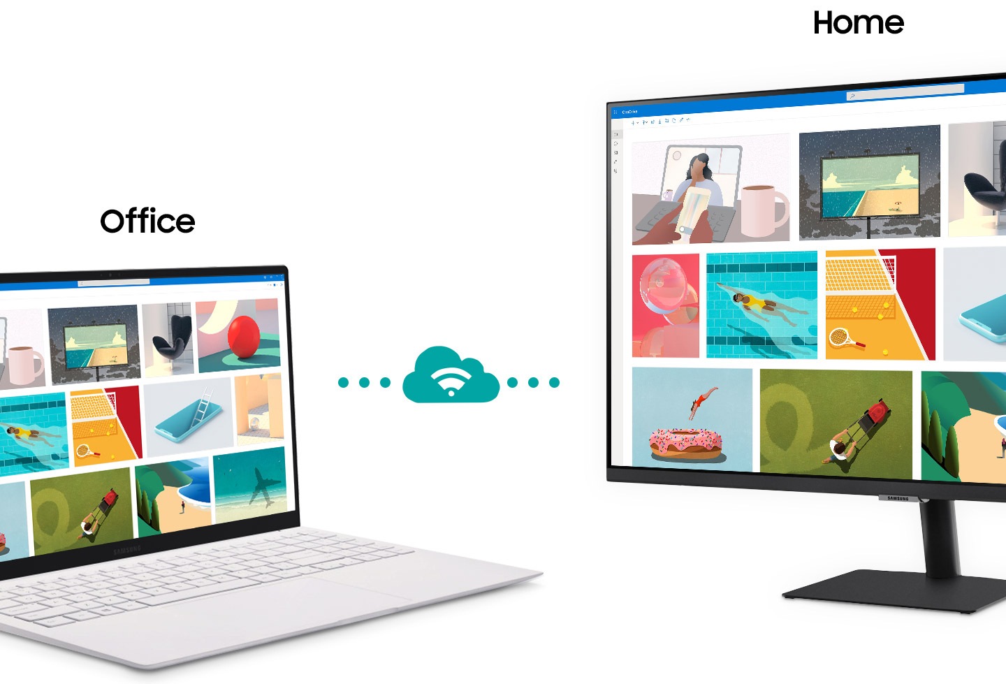 A monitor sits next to a laptop. Above the monitor, the word 'Home' appears. Above the laptop the word 'Office' appears. The laptop makes a connection with the monitor represented by a cloud icon. After connecting, the content shown on the laptop screen is mirrored on to the monitor screen.