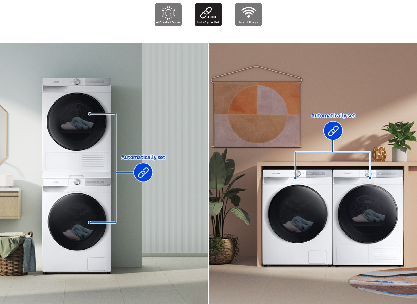 Two sets of washers and dryers are placed differently in two separate living spaces. Each set is linked with a blue line.