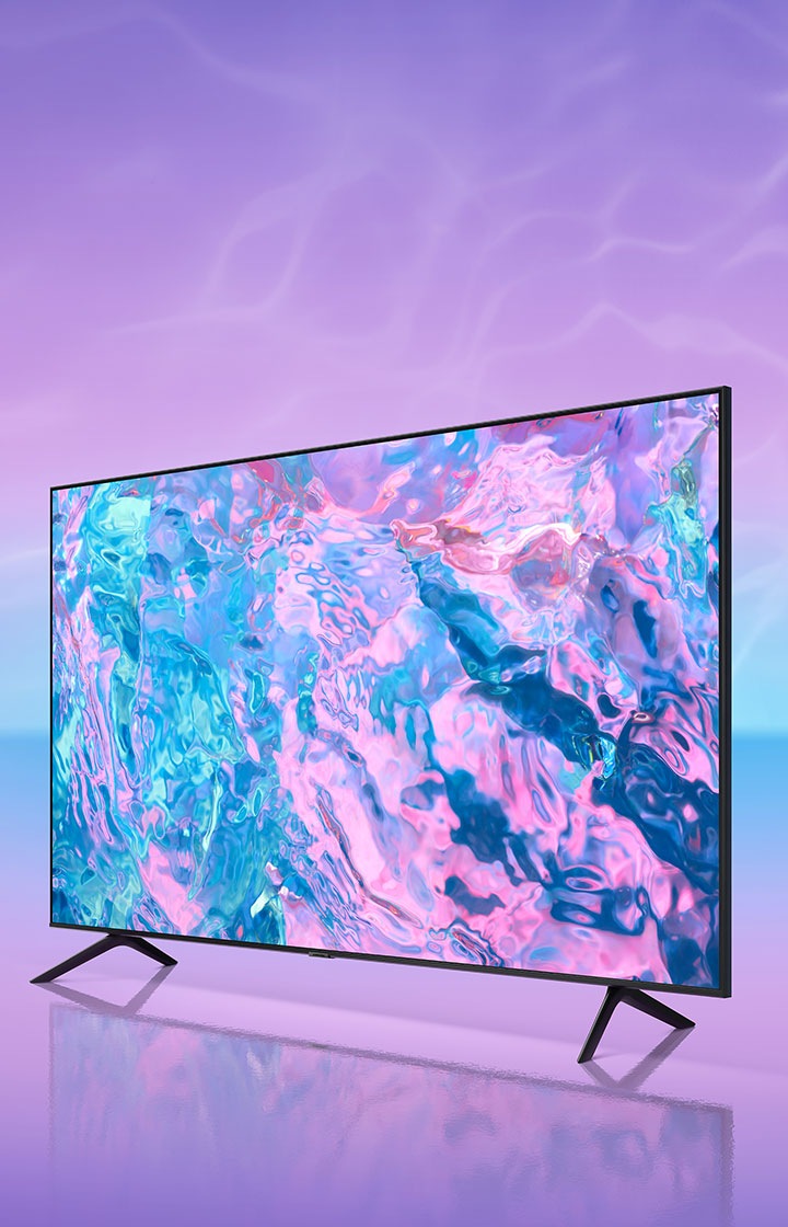 A Crystal UHD TV is displaying a very colorful graphic on its screen.