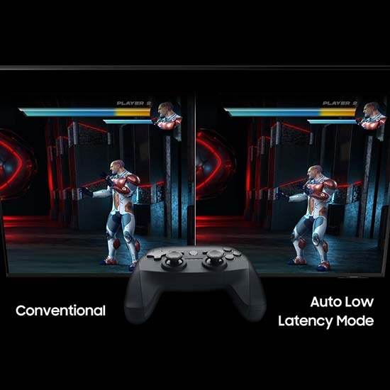 The gameplay screen of a fighting game is divided into two for comparison purposes. The word 'Conventional' is shown under the left where the player's character takes damage. The word 'Auto Low Latency Mode' is shown under the lag-free image on the right, where the same player avoids the attack.