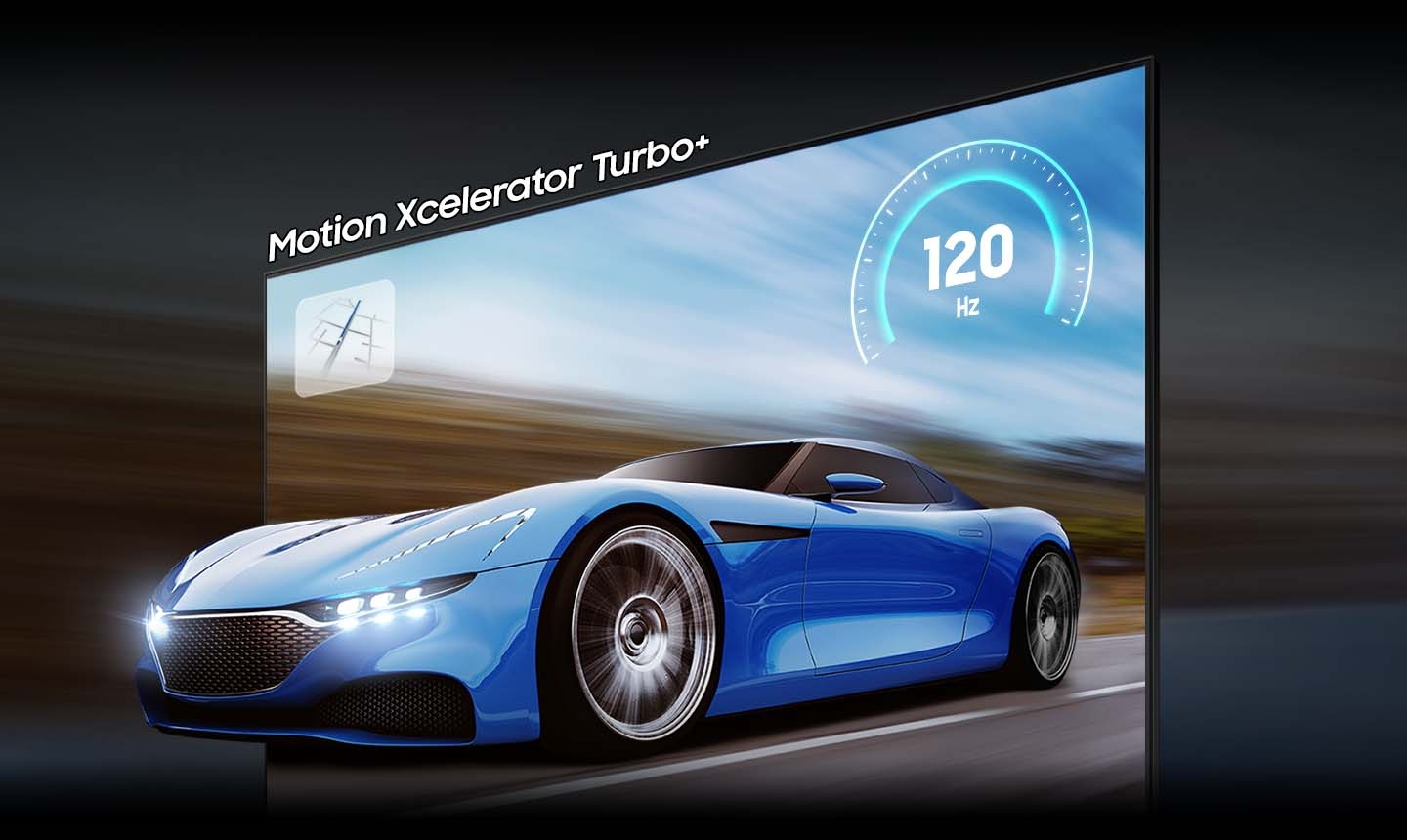 The blue car on the TV screen looks clearer and more visible on the QLED TV than on conventional TV due to motion xcelerator turbo+ technology. 120Hz is on display.