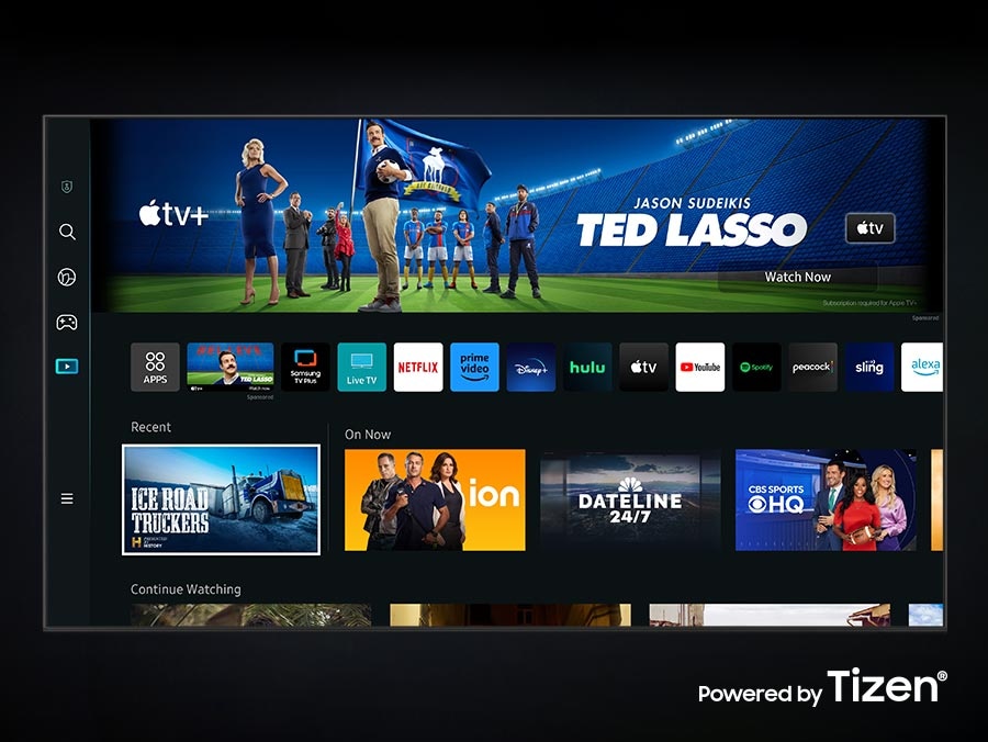 The new Smart Hub UI powered by Tizen is displayed to show a wide variety of OTT services and content being serviced. 