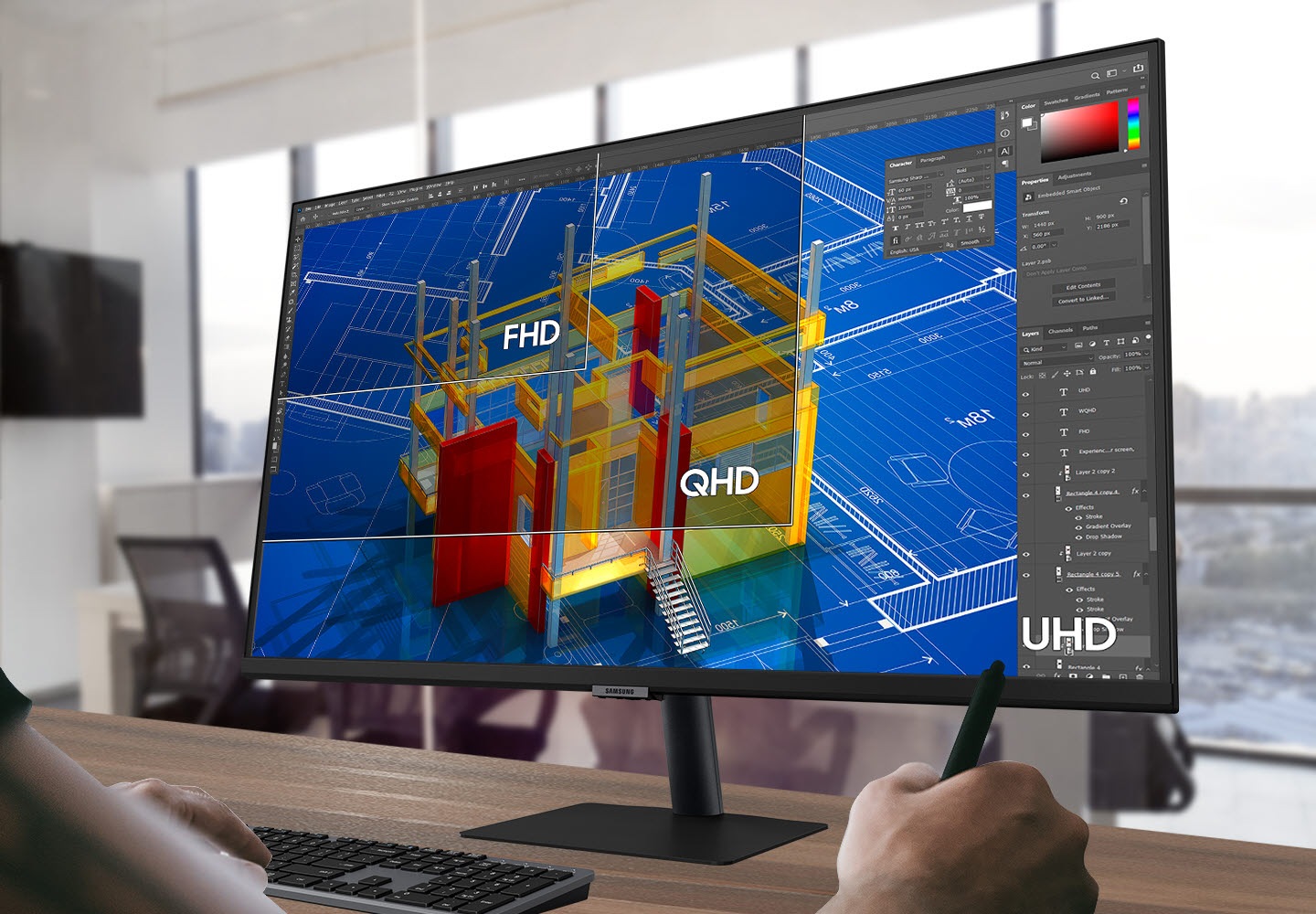 FHD, QHD, and UHD appear on the S70A screen in order, comparing the available screen areas by resolution.,