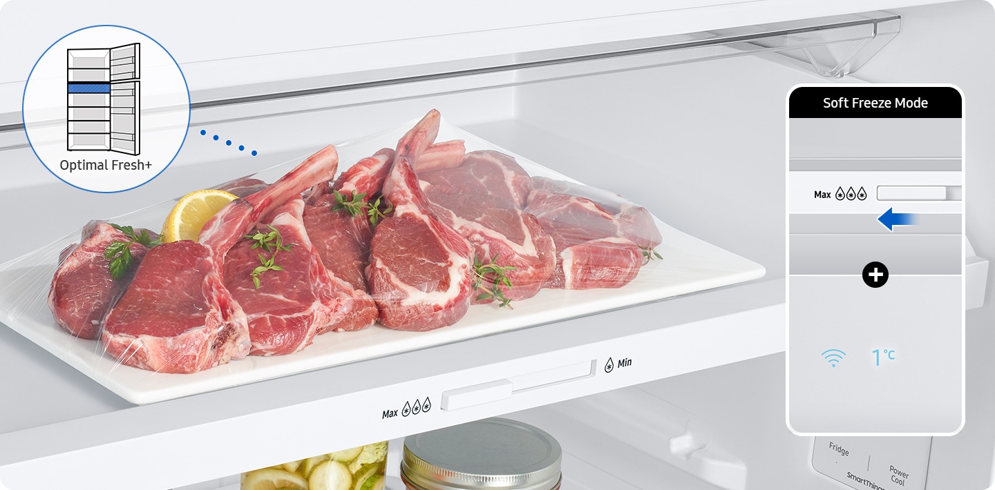 Meat is stored fresh in Optimal Fresh+ Drawer. When the display temperature is 1 degree and the knob located at Max, Soft Freeze Mode is set. The Optimal Fresh+ Drawer is located at the top of the fridge.