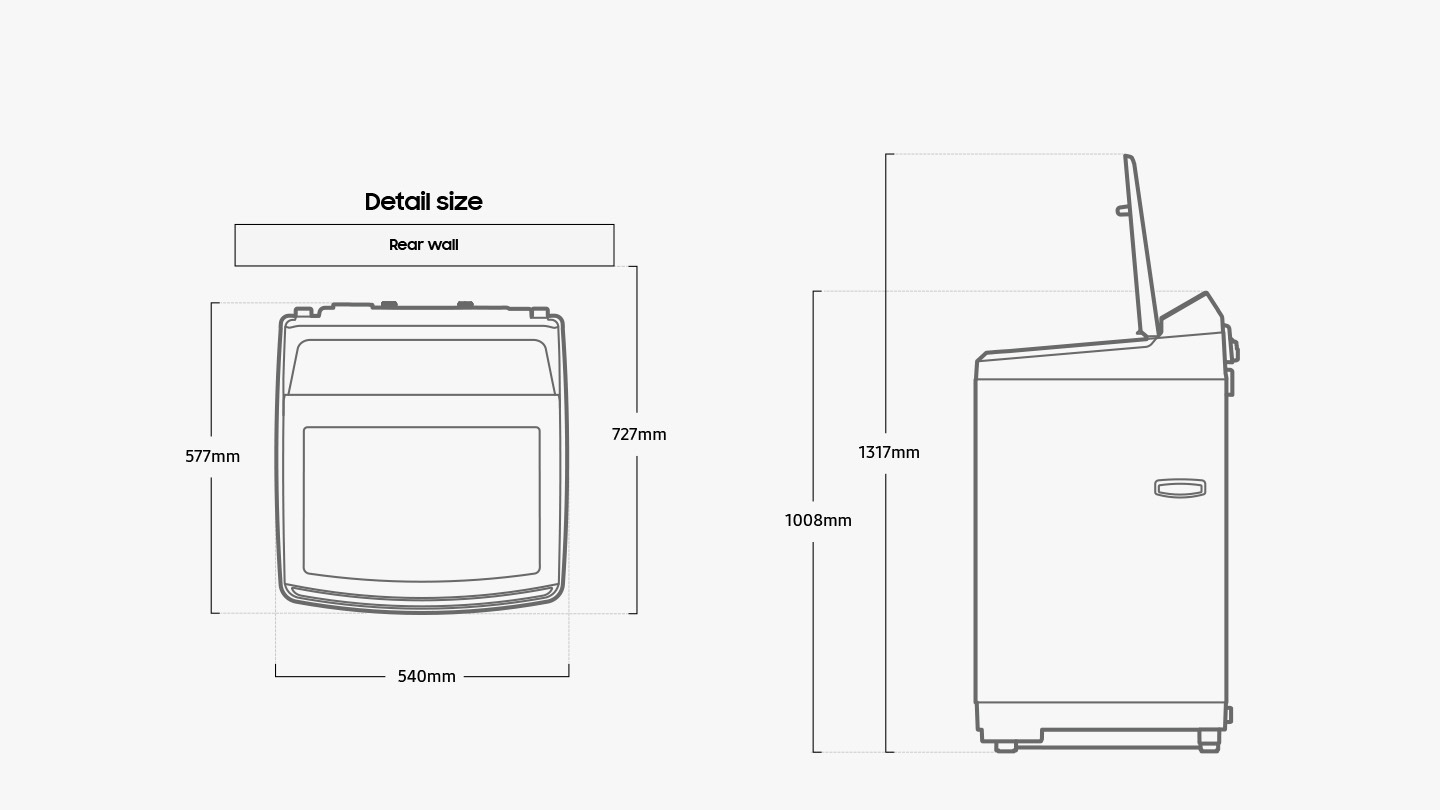Width 540mm, height 1008mm, depth 577mm, height with door open 1317mm, install depth 727mm.