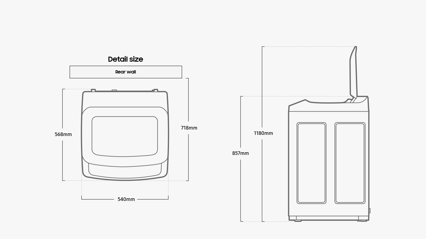 Width 540mm, height 857mm, depth 568mm, height with door open 1180mm, install depth 718mm.
