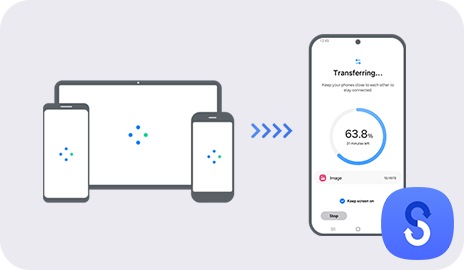 Various smartphones and tablets on the left are shown transferring data to a Galaxy A25 5G on the right using Smart Switch. On-screen of the Galaxy A25 5G shows the transfer progress at 63.8%.