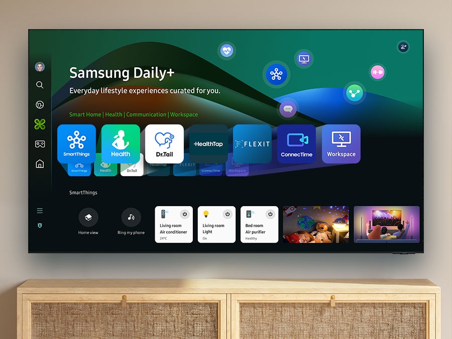 The TV displays the Samsung Daily+ menu with various lifestyle apps like SmartThings, Samsung Health, Dr.Tail, HealthTap, Flexit, ConnecTime and Workspace. Menu scrolls down to show more options organized under each app. 
