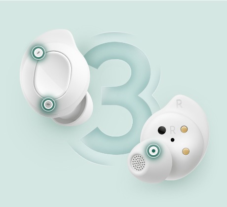 Two Galaxy Buds FE earbuds are shown. One earbud displays its front with two outer microphones, while the other reveals its inner side with an inner microphone.