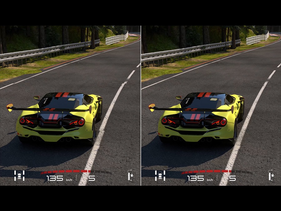 A comparison of the same 2 cars in a racing game are on display. The left side has a lot of stutter while the right side runs smoothly.