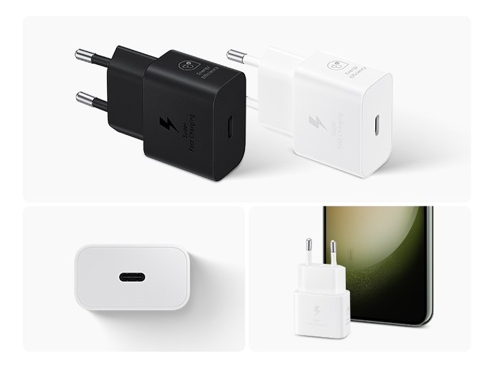 At the top, two Power Adapters, in black and white, are shown. To the bottom left, a white Power Adapter shows the side with the USB-C port. To the bottom right, a white Power Adapter is placed in front of a Galaxy smartphone device.