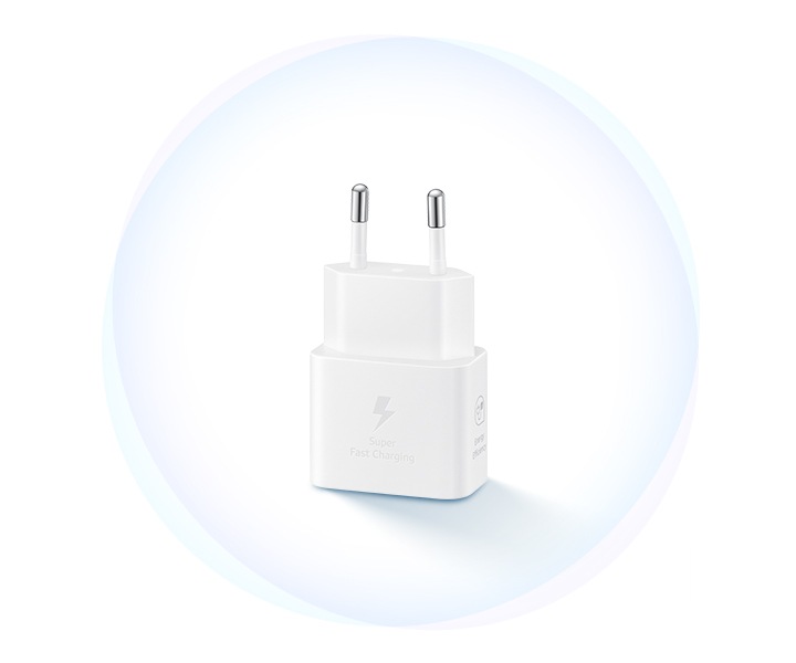 A white Power Adapter is placed plug-face-up. On the adapter, a thunderbolt icon is shown along with text below that reads 'Fast Charging'.