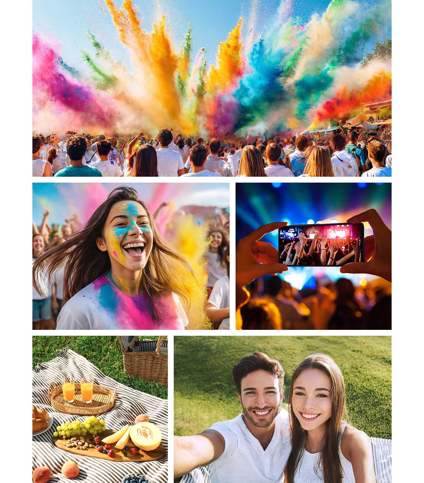 A crowd celebrating with colorful powder. On the middle left, a woman is smiling with colorful powder on her face. On the middle right, a hand holding the Galaxy A06 is capturing a concert from afar. On the bottom left, a picnic setup with food and drinks on a blanket is shown. On the bottom right, a smiling couple is taking a selfie outdoors.