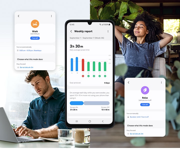 The Galaxy A06 displaying a weekly report of app usage. A person working at a laptop, a person relaxing with their arms stretched, and screens showing 'Work' and 'Relax' focus modes are shown.