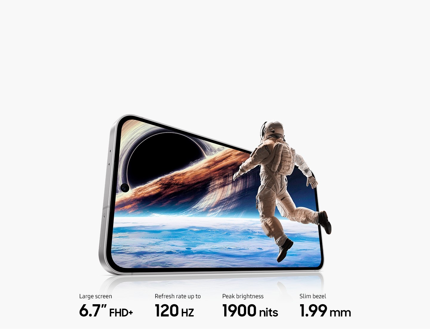 A slightly rotated Galaxy S24 FE is seen from the front. The screen displays an astronaut floating in space with a planet and colorful nebula in the background. Text reads Large screen 6.7 inch FHD+, Refresh rate up to 120 Hz, Peak brightness 1900 nits, Slim bezel 1.99 mm.