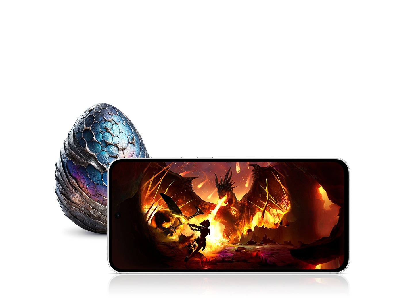 A Galaxy S24 FE device seen from the front and horizontal, displaying a vivid image of a warrior battling a dragon in a fiery setting. Behind the device, there is a dragon-like egg with blue and purple scales.