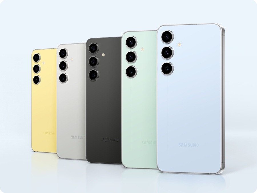 Five Galaxy S24 FE devices in Yellow, Gray, Graphite, Mint and Blue are standing upright from the rear. The devices are seen from the rear overlapping on top of each other.