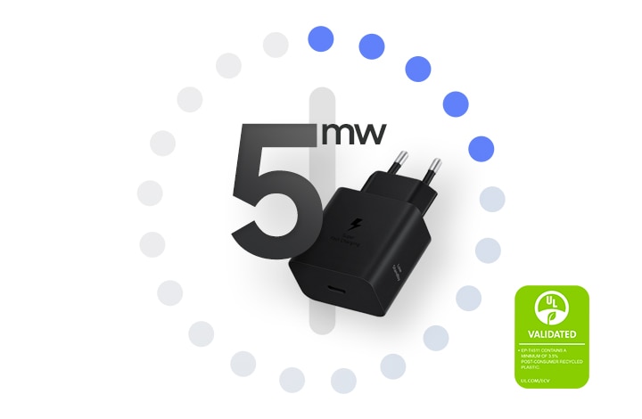 A black Power Adapter is shown port-side up with the text that reads '5mw'. On the right, a UL Environmental Claim Validation Mark is shown that reads ‘VALIDATED. EP-T4511 CONTAINS A MINIMUM OF 3.5% POST-CONSUMER RECYCLED CONTENT. UL.COM/ECV'.