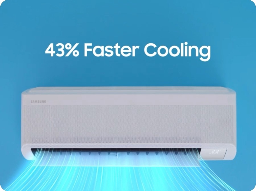 It highlights the ‘3x Stronger Neodymium Magnets’ and ‘Twin Rotary Comp’ inside the indoor unit. After the phrases '18% Wider inlet' and '31% Wider Blade' are displayed, the image changes to a strong wind blowing from the indoor unit. At the top, it says '43% faster cooling'.