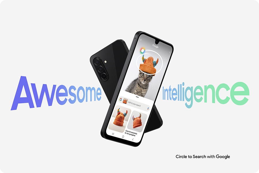 Two Galaxy A26 5G devices forming an X shape. The one in the back is in rear view. The one in the front has Circle to Search feature onscreen. Text Awesome Intelligence and The new Galaxy A26 5G can be seen. Text Circle to Search with Google is at the bottom.