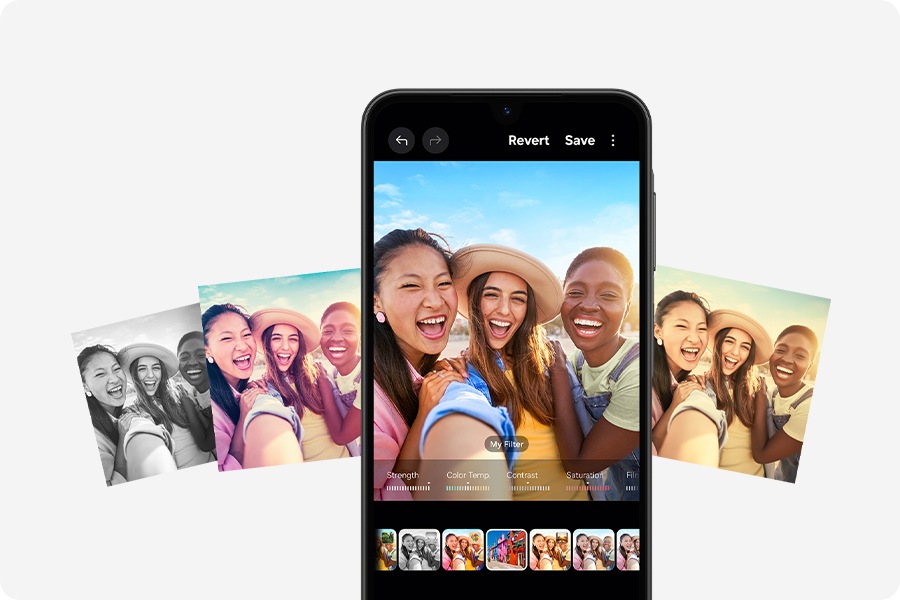 Galaxy A26 5G with My Filter feature onscreen. In the middle is three women smiling. Next to the device are the same smiling women in different filters to indicate various effects.