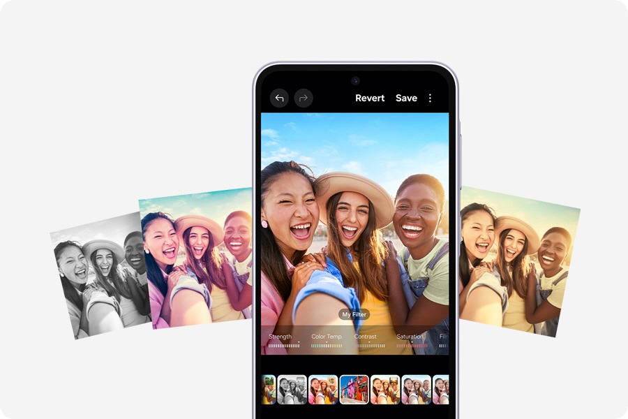 Galaxy A36 5G with My Filter feature onscreen. In the middle is three women smiling. Next to the device are the same smiling women in different filters to indicate various effects.