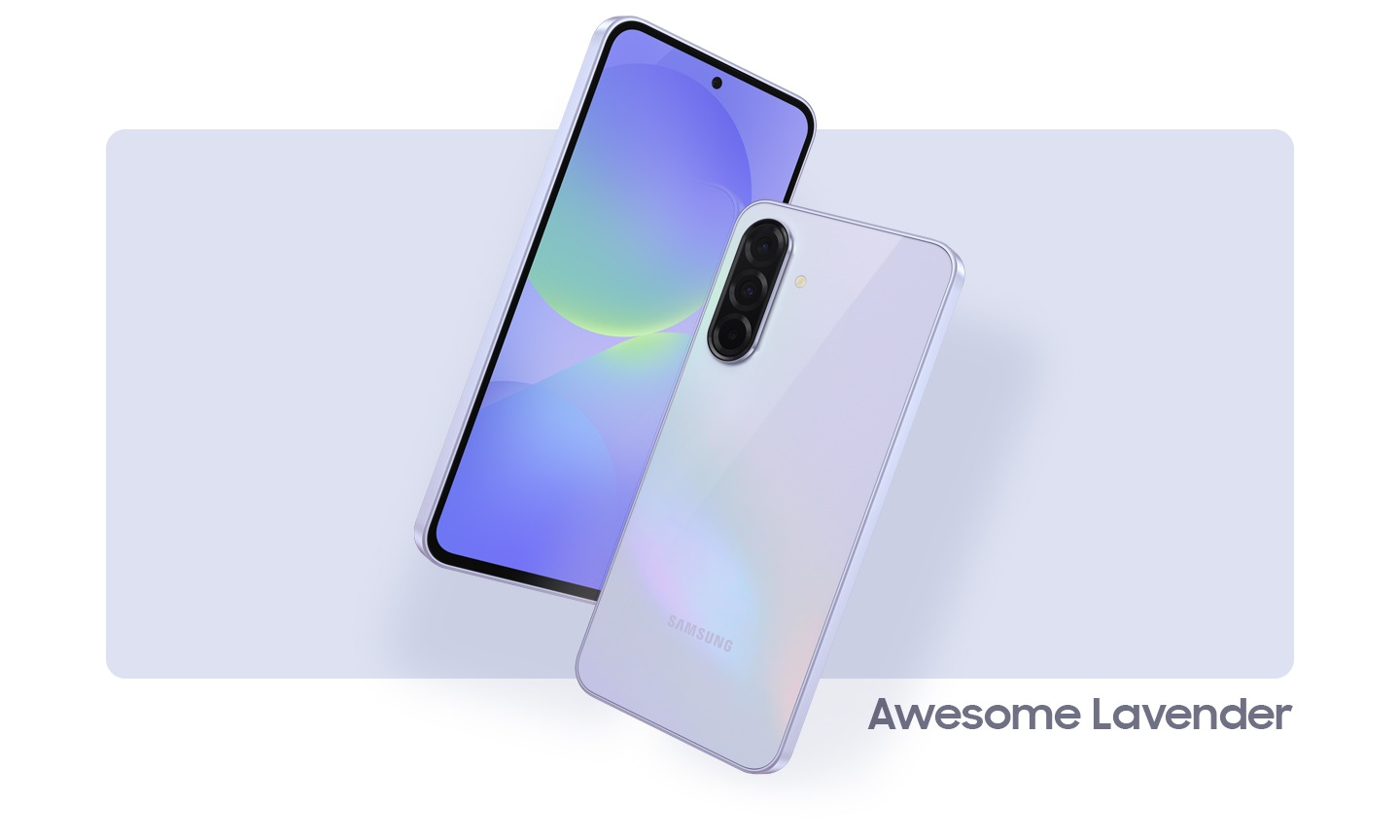 Two Galaxy A36 5G devices in Awesome Lavender. One showing the front view with an abstract graphic onscreen. The other, showing the camera layout and rear view in Awesome Lavender.