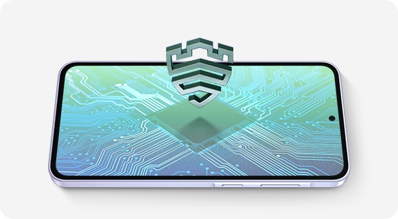 Galaxy A36 5G placed horizontally. Display shows the interior of a smartphone with a processor placed in the center. Above is the Samsung Knox Vault logo standing upright.
