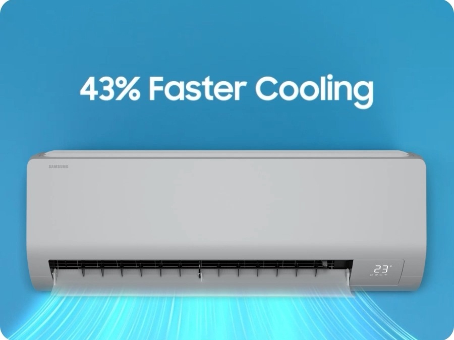 It highlights the ‘3x Stronger Neodymium Magnets’ and ‘Twin Rotary Comp’ inside the indoor unit. After the phrases '18% Wider inlet' and '31% Wider Blade' are displayed, the image changes to a strong wind blowing from the indoor unit. At the top, it says '43% faster cooling'.