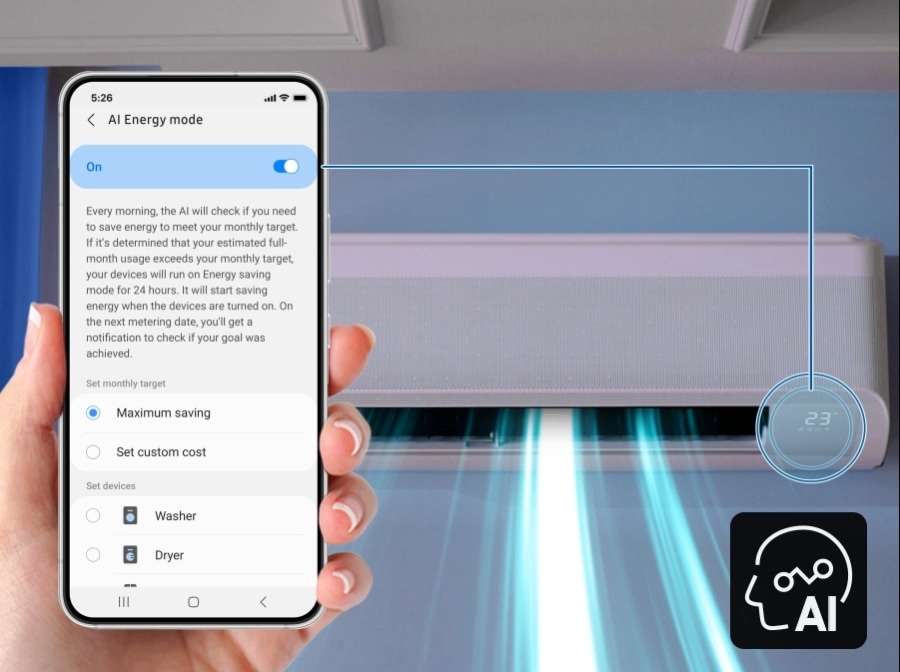 It shows setting up 'AI Energy Mode' using a remote control and cell phone along with the AI logo. When using AI energy mode, the frequency is lowered by 27% compared to AI automatic mode, quickly reaching the lowest frequency (30%) and operating stably at minimum output.