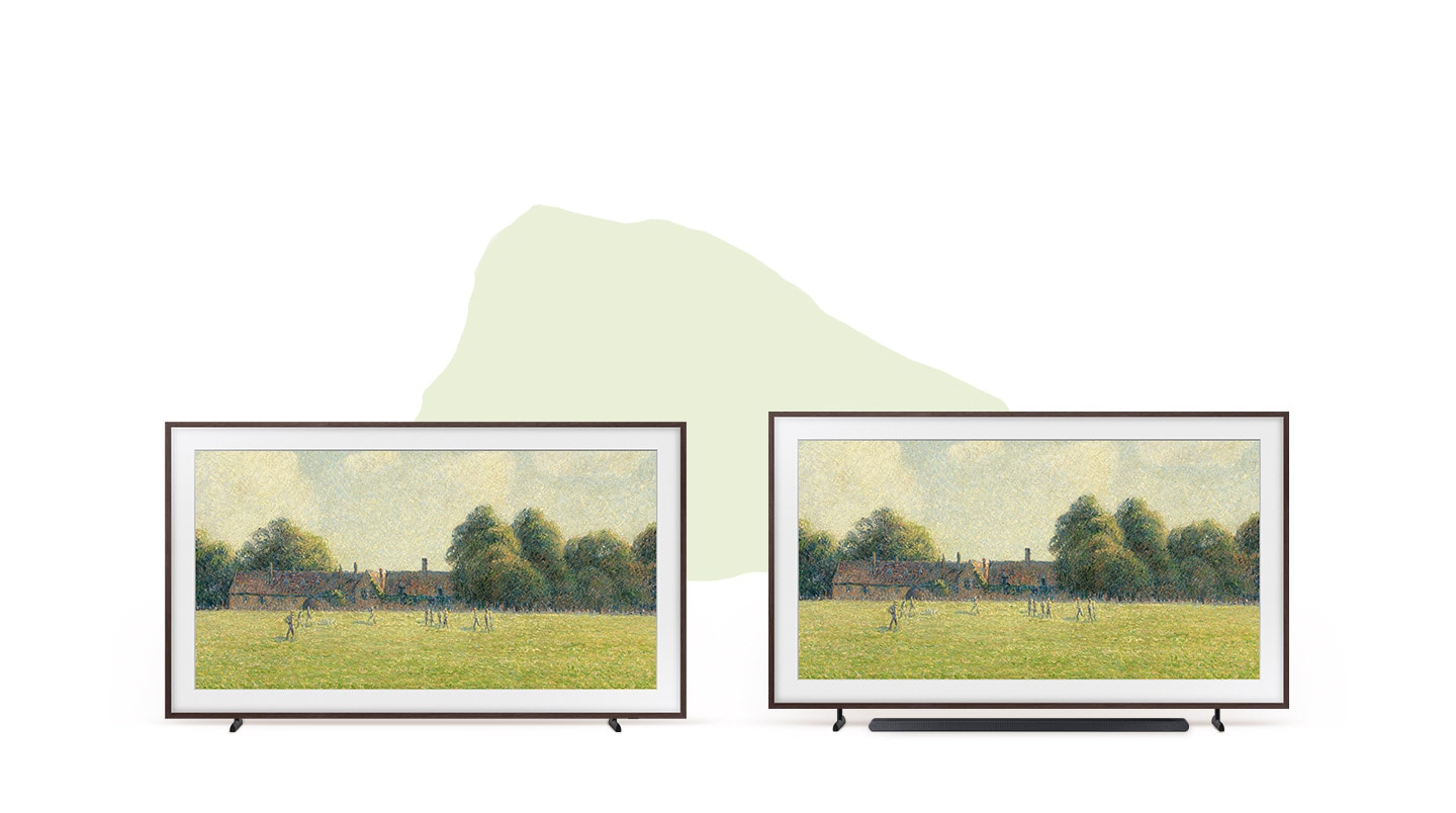 Two The Frame TVs side by side are on Height Adjustable Stands. One of stands is adjusted to fit a soundbar beneath the TV.