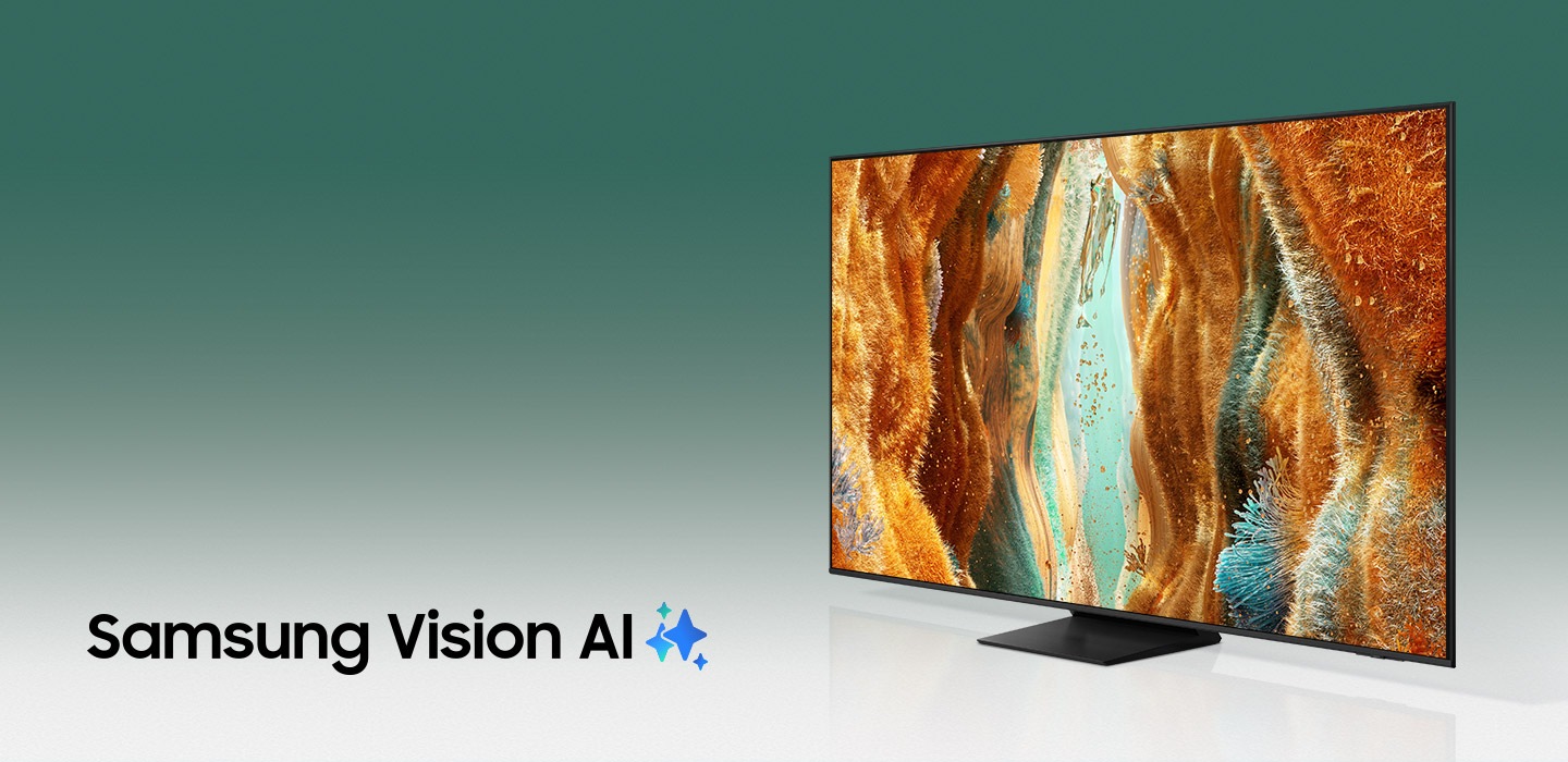 A TV with Samsung Vision AI depicts an otherworldly landscape with colorful grassy fields on screen.