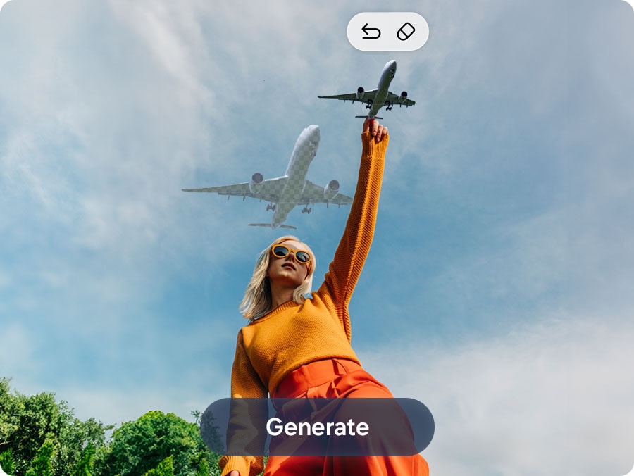 A person stands with one arm raised, pointing an airplane. The airplane is selected and resized, then dragged into the person’s hand. After tapping 'Generate,' the image begins to load with the message 'Sculpting new scenery,' and the original airplane location in the sky is seamlessly filled in.