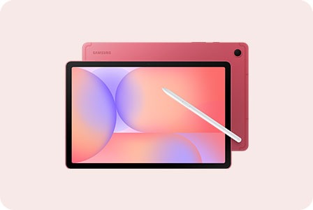 A pink Samsung Galaxy Tab S10 Lite is shown with its front screen displayed. A white stylus lies diagonally across the screen. The back of the tablet is partially visible, showing the Samsung logo and a single rear camera.