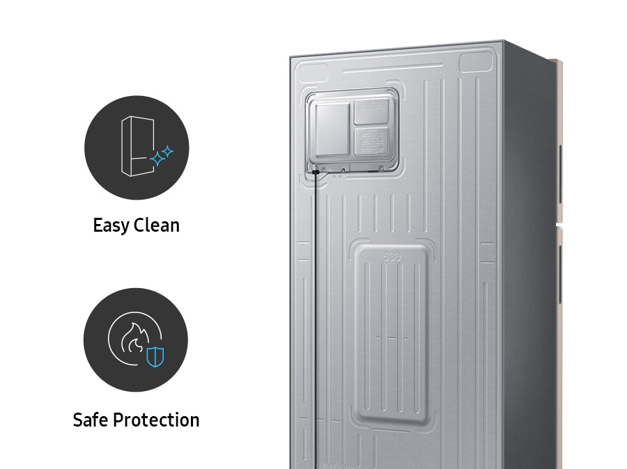 There are Easy Clean and Safe Protection icons. There is a back view of the refrigerator.